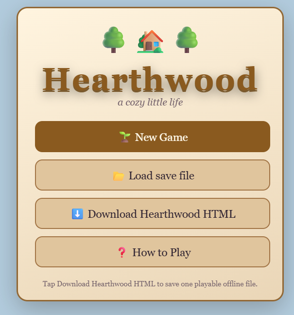 Hearthwood — Title & save screen